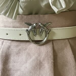 PINKO Love Birds Leather Thin Belt White and Silver XS